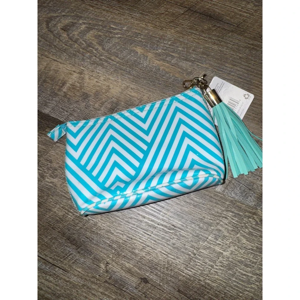 Dabney Lee Teal White Chevron Cosmetic Bag Tassel Pouch New